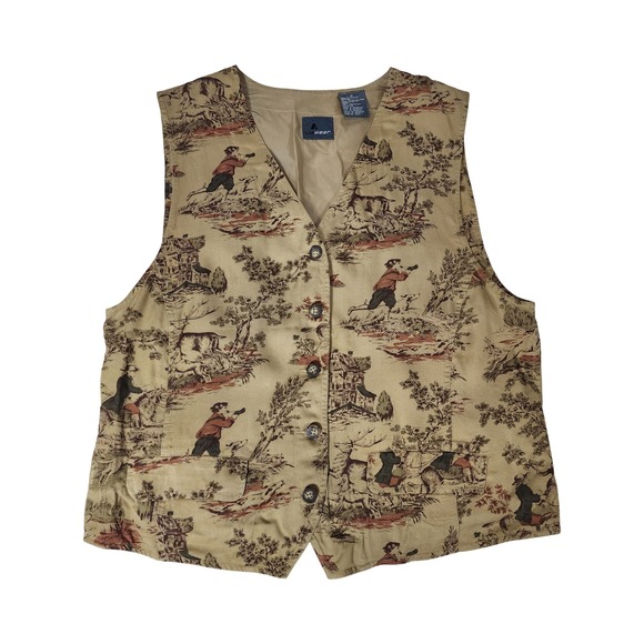 lizwear Jackets & Blazers - Lizwear Vintage Hunting Toile Vest Tan Rayon Button Front Cinch Back Womens M